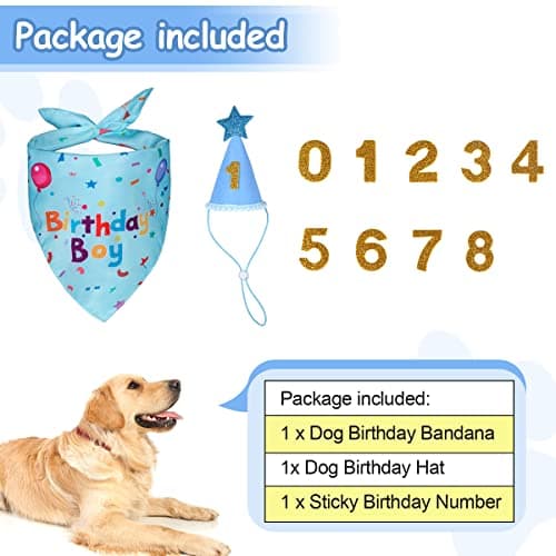 Yicostar Dog Birthday Party Supplies, Dog Birthday Bandana Set, Dog Boy Girl Birthday Party Hat with Numbers for Large Medium Small Dogs Pet (Blue) — view 3