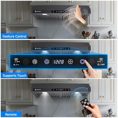 AMZCHEF Under Cabinet Range Hood 30 Inch, 750CFM Stainless Steel Kitchen Stove Vent Hood 3 Speed Exhaust Fan Touch/Remote/Gesture Control LED lights Time Setting Dishwasher-Safe Baffle Filters-Black — view 4