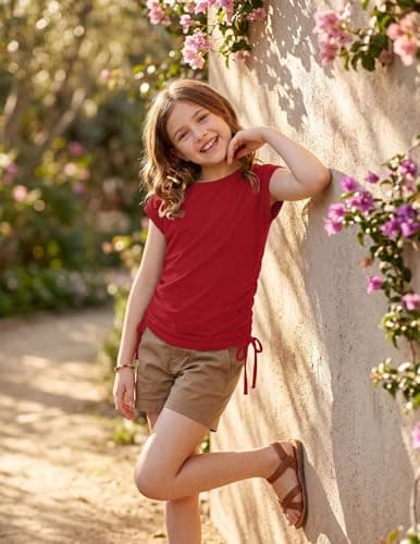 Arshiner Girls Summer Tops Trendy 2026 Ruched Cap Short Sleeve Tshirts Shirts Crew Neck T Shirts Red 9-10 Years — view 4