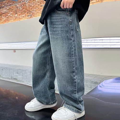 Baggy Jeans Boys Y2K Straight Wide Leg Denim Pants Kids Casual Elastic Waist Loose Trousers Pocket Streetwear Vintage Clothes (CA/US, Age, 15 Years, 16 Years, Blue) — view 4