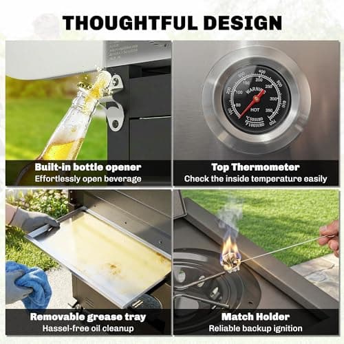 Outsunny 4 Burner Propane Gas Grill with Side Burner, 53,000 BTU BBQ Grill, Propane BBQ with Cast Iron Grates, Wheels, Warming Rack, Side Tables, Cabinet, Thermometer, Hooks — view 5