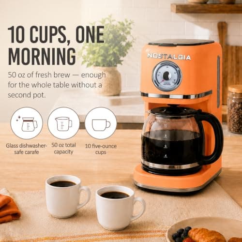 Nostalgia Classic Retro 10 Cup Coffee Maker - One-Touch Drip Brew, Reusable Filter - Anti-Drip, Auto Shutoff, & Time Display - Dishwasher Safe 50 oz Carafe - Orange — view 2