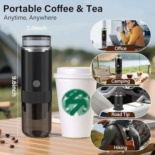 Aromilo Portable Travel Coffee Maker, 3-in-1 Camping Coffee Machine with USB-C for Travel Car,Cordless Battery Powered,Rechargable,Compatible with Ground Coffee,Capsules,Tea, 6OZ Cup,Black,170ml — view 2