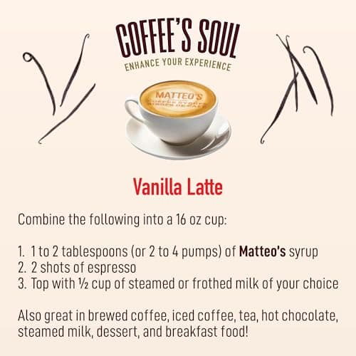 Matteo's Barista Style Sugar Free Coffee Syrup - Zero Calories Keto-Friendly Coffee Syrups & Flavors - USA-Made Kosher Sugar Free Coffee Flavoring Syrup For Home & Work (Vanilla, 25.4 Oz, 1-pk) — view 4