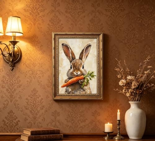 Gold Framed Rabbit Wall Art Vintage Easter Canvas Painting Picture Wall Decor Countryside Farmhouse Animal Poster Print Artwork ForSuitable For Bedroom Living Room Other Home Decoration — view 5