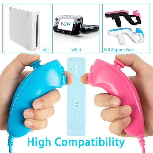 SWeien Nunchuck Controller, 2 Pack Nunchuck Controller Replacement for wii Nunchuck Controller Joystick Gamepad, Compatible with Nintendo Wii & Wii U Console（Pink & Blue） — view 4