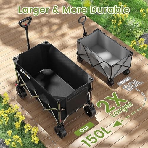 Blomoba Collapsible Wagon Cart, 150L Heavy Duty Foldable Beach Wagon with Wider Wheels & Auto-Rebound Handle, Utility Grocery Shopping Cart for Garden, Shopping, Camping, Sports, Black — view 4