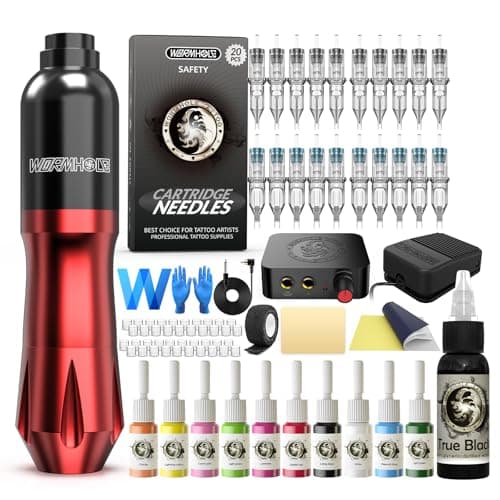 Wormhole Tattoo Kit Tattoo Pen Kit 20 Tattoo Cartridge Needles 10 Color Inks with Foot Pedal, Power Supply, RCA Cord, Tattoo Gun Kit for Artists and Beginners WTK079