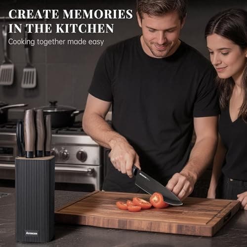 Astercook Knife Set, 6-Piece Kitchen Knife Set with Block, High Carbon Stainless Steel Ultra Sharp Kitchen Knives, Wood Grain Handle, Dishwasher Safe Knife Block Set, Black, Kitchen Utility Knives — view 7