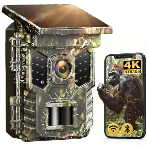 XTU Solar Trail Camera WiFi Bluetooth, 64MP 4K Game Camera with Night Vision Motion Activated 0.2s Trigger, IP66 Waterproof Wildlife Camera with 22pcs 850nm Low Glow IR LEDs (SD Card Not Included)