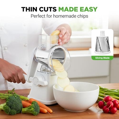 Nutrichef 3 in 1 Cheese Grater & Shredder | Strong Suction Base, Rotary Handle with Safety Lock | Includes Hand Crank & 3 Drum Blades for 3 Textures, Fine, Medium & Strips | White — view 5