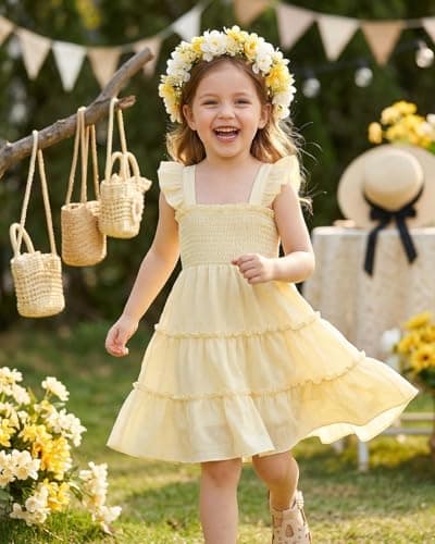 FishingDino Toddler Baby Girls Dress 1-6T, Ruffle Sleeveless Smocked Dress with Back Tie Summer Outfits Beach Sundress, Yellow 4-5T
