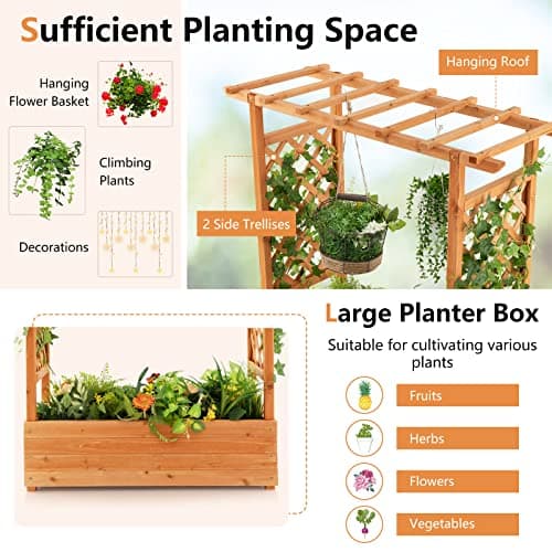 S AFSTAR Raised Garden Bed with Arch Trellis, Wood Planter Box with Hanging Roof, Side Trellis, 4 Drainage Holes, Above Ground Elevated Garden Bed for Outdoor Climbing Plants Vines Patio — view 3