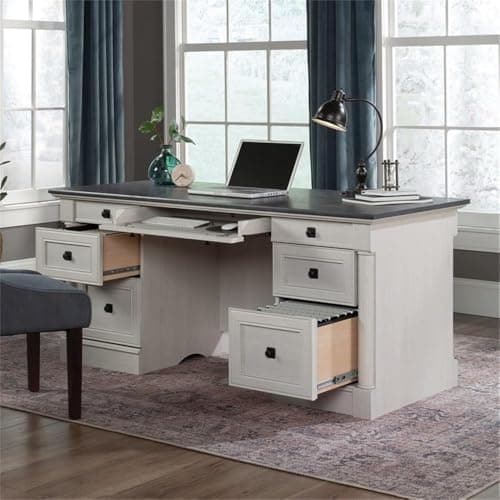 Sauder Palladia Office Desk with Drawers, Executive Desk with File Cabinet Storage, Cable Management, Keyboard Tray, in Glacier Oak Finish — view 5