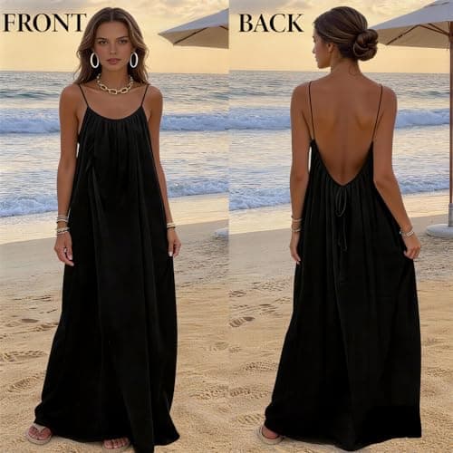 Tubeluck Backless Cami Dress for Women Summer Sleeveless Long Casual Sundress Lady Solid Color Open Back Lounge Dresses Holiday House (CA/US, Alpha, Medium, Regular, Regular, Black) — view 3