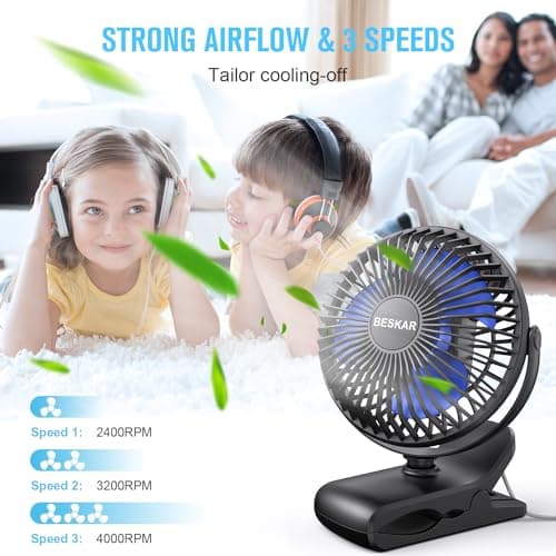 BESKAR USB Powered Clip on Fan, Portable Small Fan with Cord, 3 Speeds Strong Airflow, Personal Fan with Sturdy Clamp, Quiet Desk Fan & Clip Fan — view 7