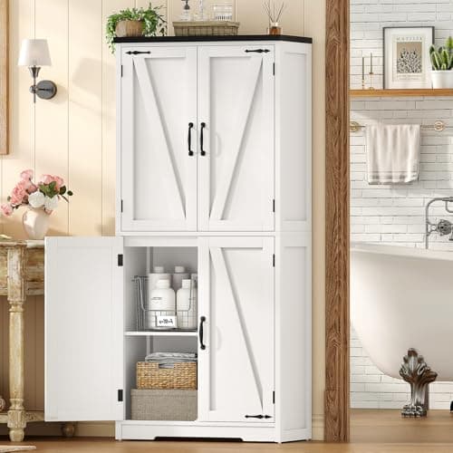 TEENFON Farmhouse Storage Cabinet with 2 Adjustable Shelves, Pantry Cabinet with 4 Barn Doors, Bathroom Cabinet, Cupboard for Kitchen, Living Room, Entryway, White