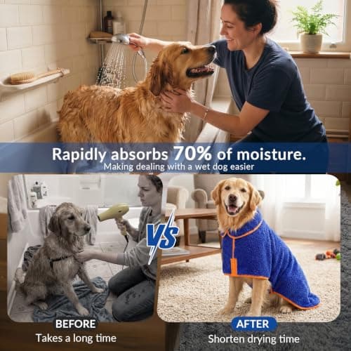 Bienbee Dog Bathrobe, Quick Drying Super Absorbent Pet Robes for Small Medium Large Dogs, Drying Coat for After Bath & Swim, Warm & Cozy Dogs Towels, Dog Puppy Bath Supplies, Dark Blue XL — view 2