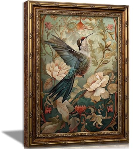 Vintage Hummingbird Bird Floral Wall Art Colorful Botanical Aesthetic Painting Canvas Rustic Nature Bird Animal Picture Wall Decor Neutral flower Print Artwork For Living Room Bedroom Bathroom Office