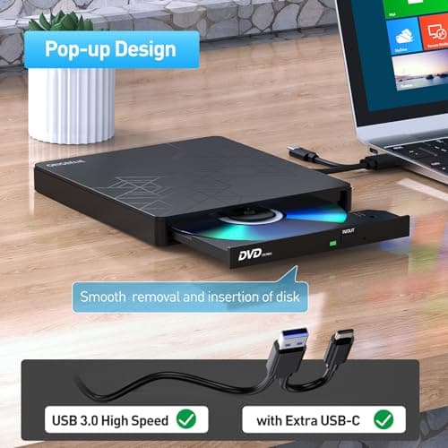 ORIGBELIE External DVD Drive, CD Drive USB 3.0 Typle C CD/DVD ROM +/-RW Adapter with USB Port DVD Burner for Laptop PC Desktop Computer, Optical Disk Drive CD Player Compatible with Mac Windows Linux — view 2