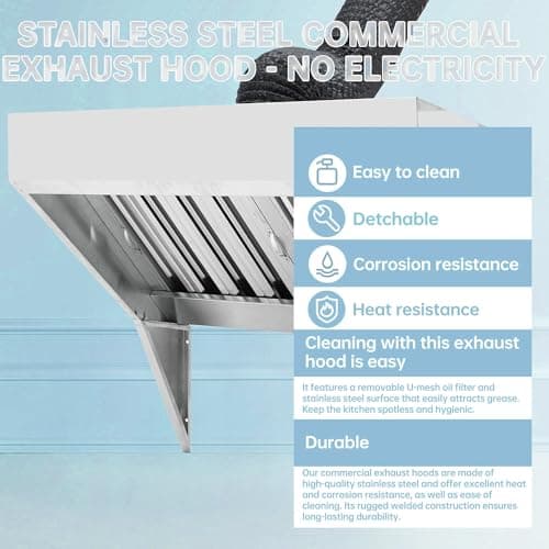 5Ft Commercial Exhaust Hood, Rust-Resistant 201 Stainless Steel Vent Hood with 4 Removable u-Shaped Grid Oil Filters for Restaurant, Food Truck, Commercial Kitchen — view 3