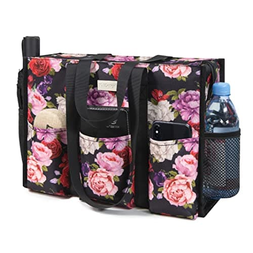 TOPDesign Utility Water Resistant Tote Bag with 13 Pockets, Top Zipper Closure & Thick Bottom Support, for Working Women, Ranunculus, Large, Classic