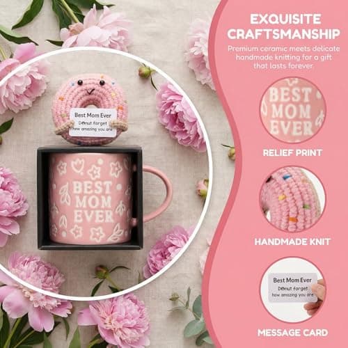 KyreDino Mothers Day Gifts, Best Mom Ever Gifts for Mom from Daughter, Pink Floral Embossed Pattern Mother's Day Mug and Handmade Donut Crochet Gifts Set — view 2