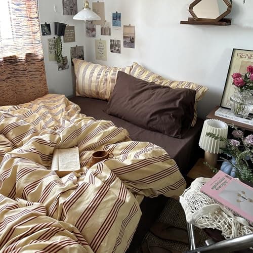 mixinni Retro Striped Duvet Cover Set Queen - 100% Natural Cotton 3-Piece Vintage Red Stripes Pattern Printed Bedding Set, Soft Breathable Comforter Cover with Zipper Closure & Corner Ties, Queen Size