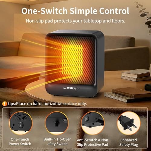 Lerat Mini Space Heater, 500W Quiet Electric Heaters for Indoor Use, Safe PTC Ceramic Desk Heater with Tip-Over & Overheat Protection, Small Portable Personal Fast Heating for Office Home — view 5