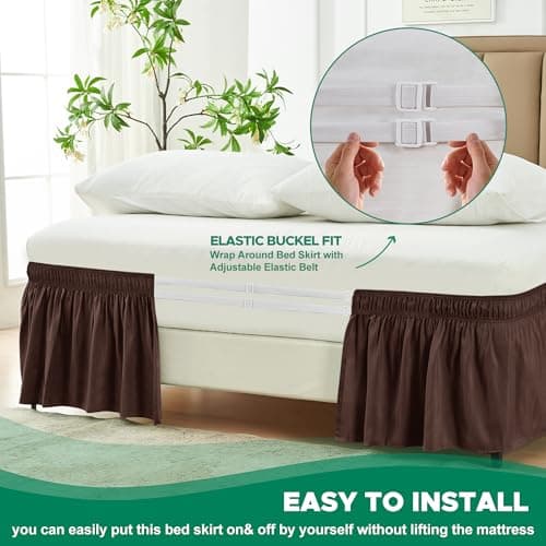 Biscaynebay Wrap Around Bed Skirts for Twin & Twin XL Beds Short Drop of 12", Brown Adjustable Elastic Dust Ruffles Easy Fit Wrinkle Resistant Silky Luxurious Fabric Machine Washable — view 4