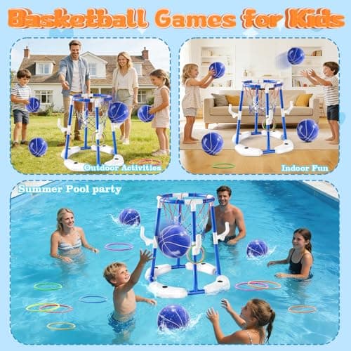 Pool Basketball Hoop,2-in-1 Floating Pool Basketball Toys with 4 Balls,12 Rings&Pump, Basketball & Ring Toss Swimming Pool Games, Summer Outdoor Water Play Toy for Kids 4-8 8-12,Blue — view 5