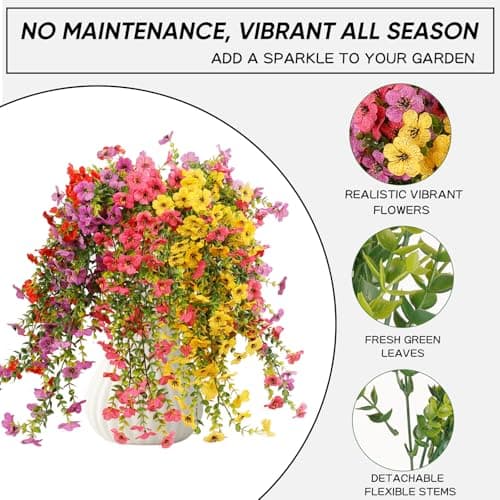 Wanderroot 6 Bundles Artificial Flowers for Outdoors, UV Resistant Fake Hanging Flower, Realistic Silk Flowers for Indoor Outside Garden Patio Balcony Farmhouse Porch (Fuchsia, Red, Purple, Yellow) — view 3
