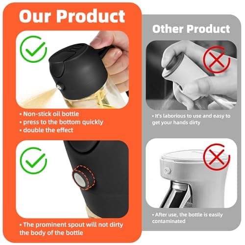 TrendPlain 470ml Olive Oil Spray Bottle for Kitchen Gadgets - 2 in 1 Olive Oil Dispenser Bottle and Air Fryer Accessories for Cooking, Salad and BBQ - 2 Black — view 6