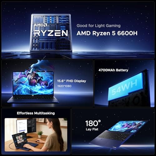 NIMO 15.6" IPS FHD-Light Gaming-Laptop,AMD Ryzen 5 6600H 16GB DDR5 RAM 256GB SSD (Beat i5-1335U, 6 Cores Up to 4.5GHz) AMD Radeon 660M GPU-Computer with 100W Type-C Backlit Keyboard Fingerprint — view 2