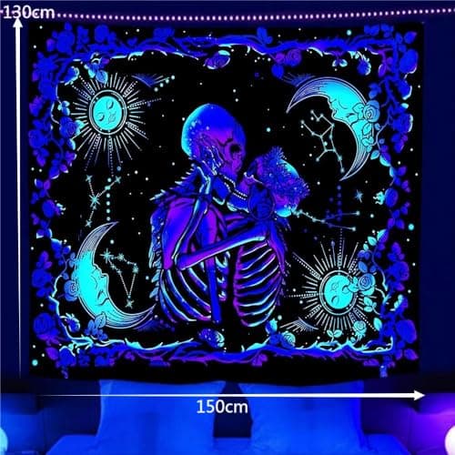 Jation Tapestry UV Light Reactive Skull Kiss Gothic Wall Hanging Art for Home Headboard Bedroom Living Room Dorm Decor in 150 * 130cm — view 2