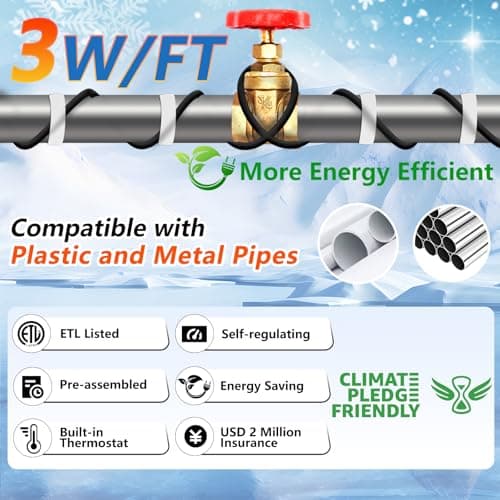 HEATIT JHSF 60ft Pipe Heat Cables for Metal and Plastic Home Pipes, Energy-efficient, Self-Regulating Heat Trace Cable for Pipe Freeze Protection, Keeps Water Flowing at -40°F, ETL Listed, 120V