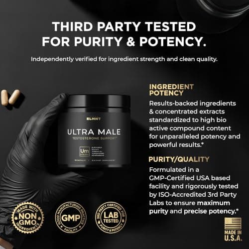 ULTRA MALE® Premium Testosterone Booster for Men w. 100:1 Shilajit, 40:1 Black Maca, Ashwagandha 25%, Tongkat Ali 10% - Clinical Strength Male Enhancing Testosterone Supplement for Men Health Libido+ — view 4