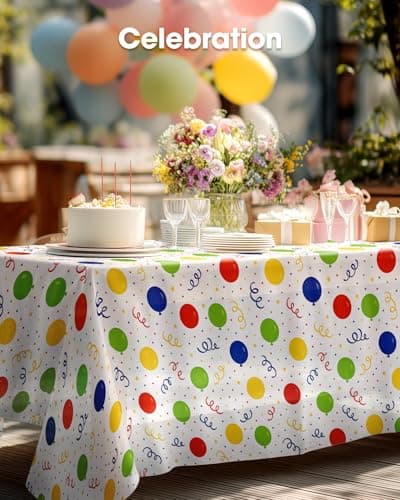Pureegg Plastic Table Cloth Disposable 10 Pack, 54 x 108 Inch Table Cloths, Birthday Party Decorations, Picnic, White Tablecloths, Rectangle, Colorful, Rainbow Cover, Leakproof & Sturdy, Balloon — view 6