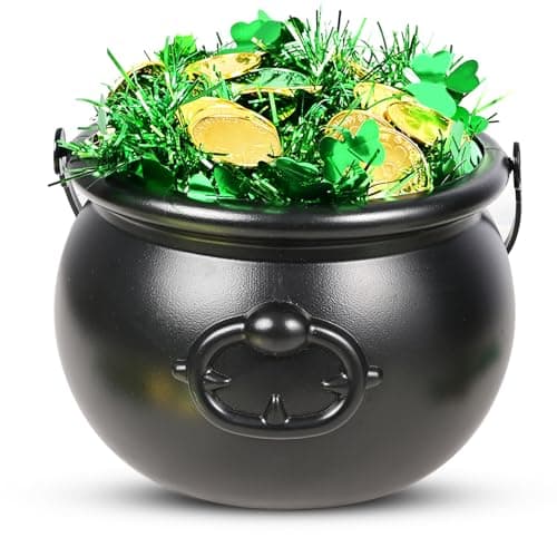 EnriQ 202 Pcs St Patrick's day 8" Black Cauldron Candy Kettle with 200 Lucky Coins for St Patty Decorations St. Patricks Day Party Favor