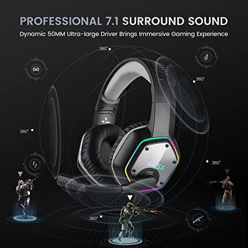 EKSA E1000 USB Gaming Headset for PC, Computer Headphones with Microphone/Mic Noise Cancelling, 7.1 Surround Sound, RGB Light - Wired Headphones for PS4, PS5 Console, Laptop, Call Center — view 2