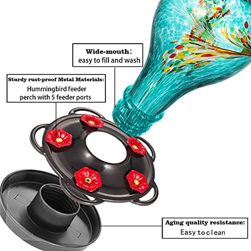 LUJII Hand Blown Glass Hummingbird Feeder for Outdoors Hanging, Leakproof, Never Fade, 36 fl.oz, 5 Feeding Metal Stations, Much Bigger, Garden Backyard Decoration, Great Gift for Bird Lover, Blue — view 4