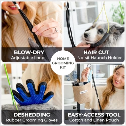 Dog Grooming Kit Adjustable Arm With Clamp: Height 26"-40", Small Dog Sling For Nail Trimming Hammock, no-sit Haunch Holder Leash Loops, Glove, Tool Hanging, Full Home Pet Grooming Supplies Kit, Cats — view 5
