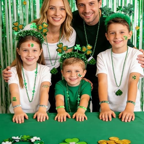 Yunfan 29Pack St Patricks Day Accessories St Patricks Day Decorations Green Shamrock Clover Necklaces Headbands Bracelets Tattoo Stickers for Leprechaun Costume Accessories Irish Party Supplies — view 3