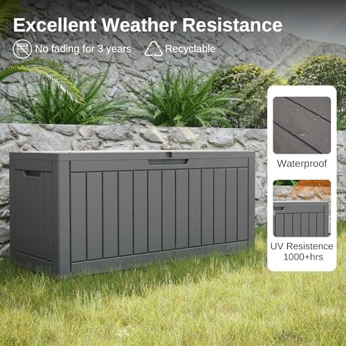 EAST OAK Outdoor Storage Box, 90 Gallon Deck Box Indoor and Outdoor Use, Waterproof Resin Storage Bin for Patio Cushions, Gardening Tools, Lockable, UV Resistant, Grey — view 2