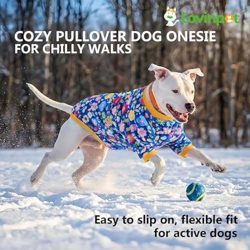 LovinPet Large Dog Winter Flannel Coat, Warm Dog Coat with Front Sleeves and Back Zipper, Easy-Care Full-Coverage Layer for Cold Weather, Happy Packed Floral Blue Prints, XXL — view 2