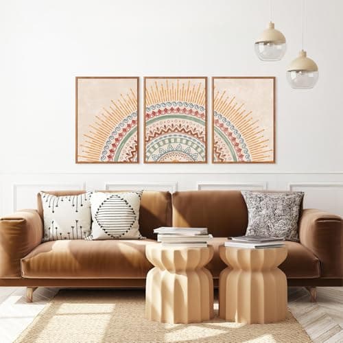 HPINUB Boho Sun Framed Canvas Wall Art Set, (Set of 3,12X16 Inch) Mid-Century Modern Wall Decor, Minimalism Bohemian Wall Painting, Abstract Geometric Pattern Art Print for Living Room,Bedroom,Office — view 5