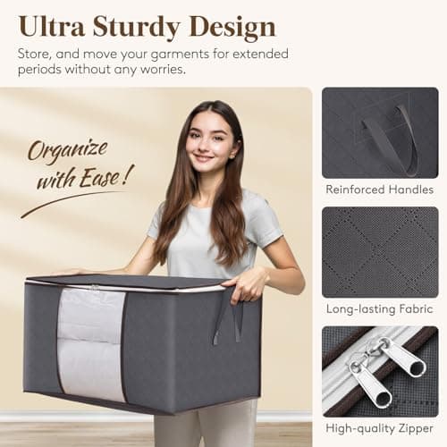 Lifewit 2 Pack 60L Clothes Storage Bins with Lids, Foldable Blanket Storage Bags with Zippers, Clear Window and Reinforced Handles, Closet and Organization for Clothing, Sweater, Comforter, Bedding — view 3