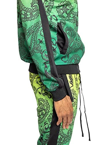 Men's Tiger Stripes Reflective Tape Track Suits 2 Piece Sweatsuit Set ST576 - Neon Yellow - X-Large - CC1I — view 4
