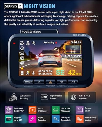 ROVE R2-4K DUAL Dash Cam Front and Rear, STARVIS 2 Sensor, FREE 128GB Card Included, 5G WiFi - up to 20MB/s Fastest Download Speed with App, 4K 2160P/FHD Dash Camera for Cars, 3" IPS, 24H Parking Mode — view 3