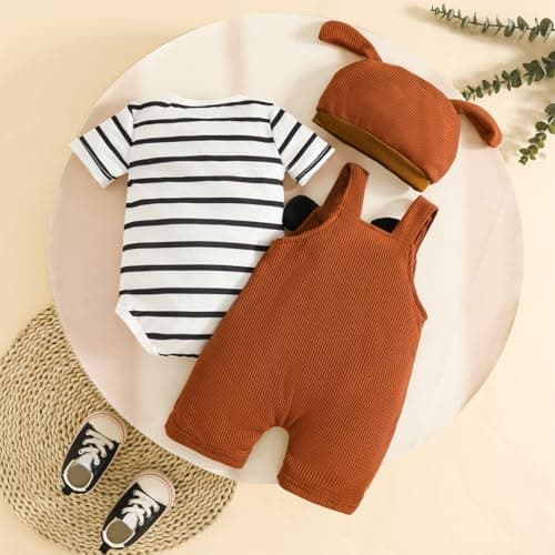 LUJENGEFA Baby Boy Outfit Clothes Set Stripe Overall Tops + Adjustable Suspender Pants +Hat Brown 0-3 months — view 2